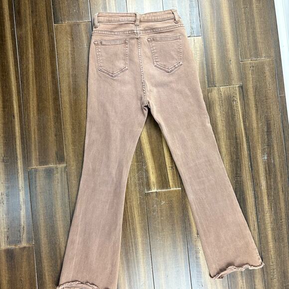 CiderSz S Brown Flare Denim Jeans High Waist Fall Belt Loop Pockets Frayed Hem - Picture 7 of 9